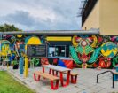 Colourful mural and street furniture