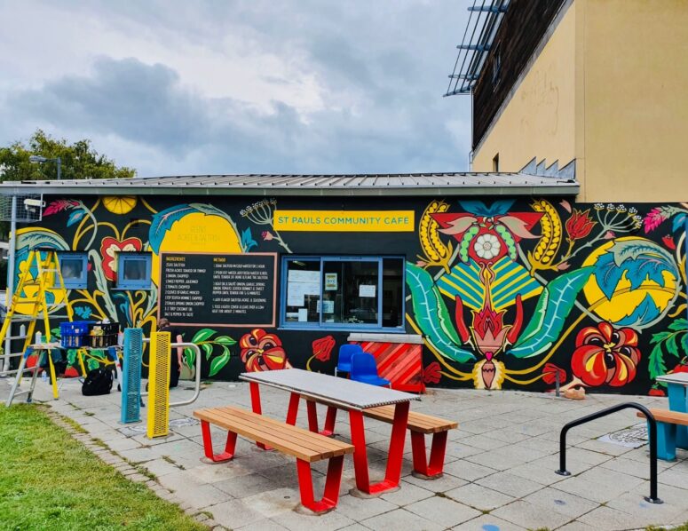 Colourful mural and street furniture