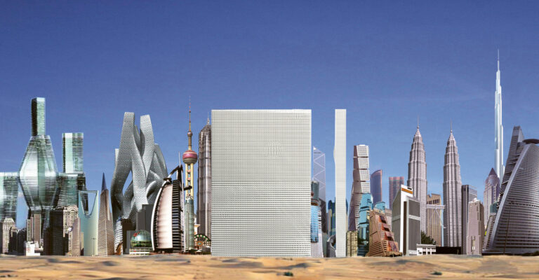 a digital collage of a radically built up city skyline overlooking a desert