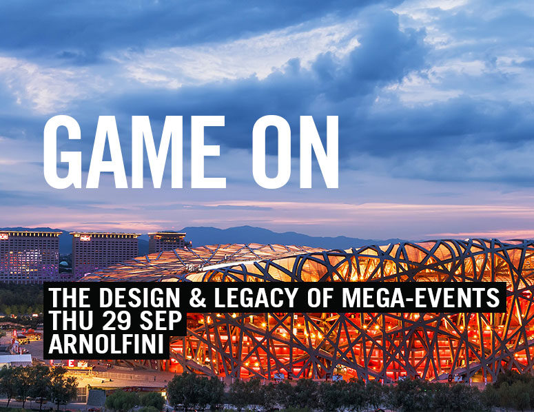 The National Stadium, also known as the Bird's Nest in Beijing, photographed on a stormy night.